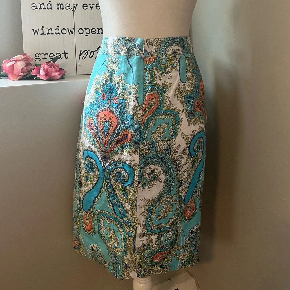 Sunny Leigh NWT Linen Summer Wind Turquoise/Multi Paisley Print Faux Wrap Skirt - Picture 4 of 10